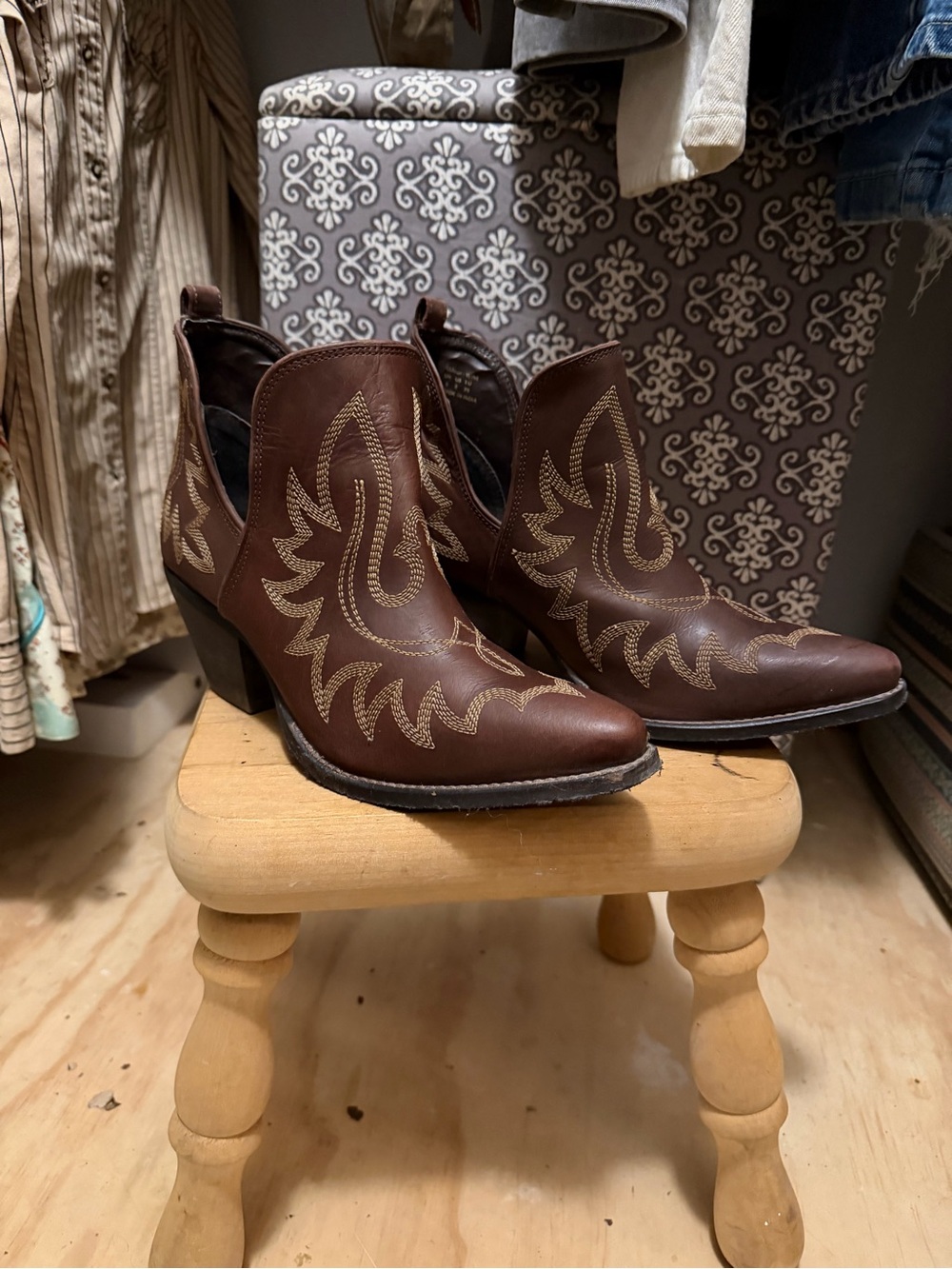 Brown Leather Western Ankle Boots for Men
